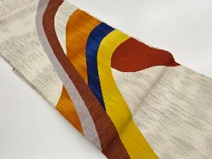 手織り紬切り嵌め抽象曲線模様名古屋帯